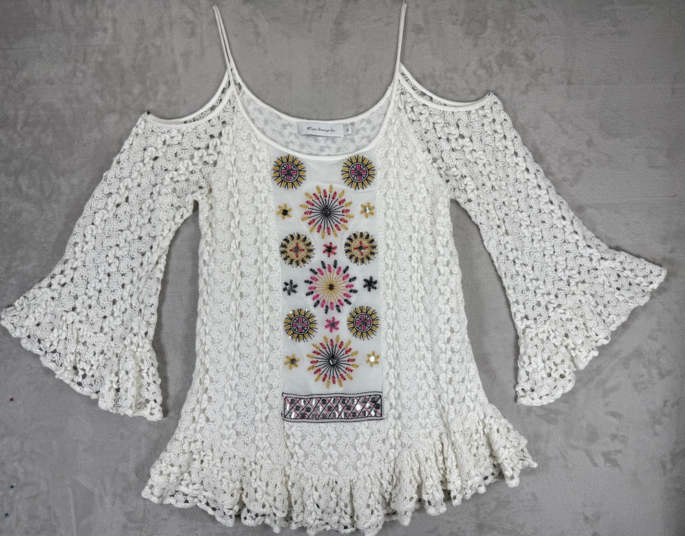 T-Bags Los Angeles White Crochet Lace Bell Sleeve Mini Dress Embroidered Boho Sm